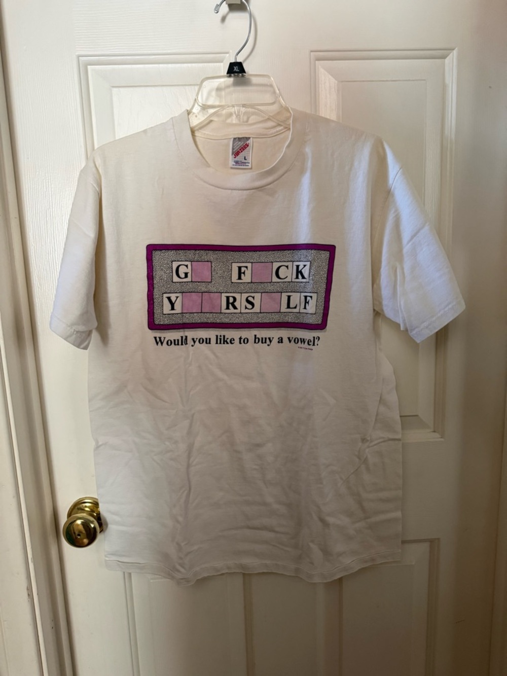 Vintage Rare Graphic White T-Shirt with Sassy Puzzle G* F*** Buy a Vowel L